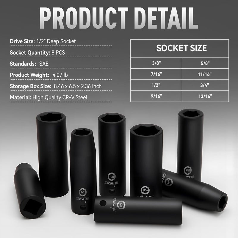 DISEN 8 Pcs 1/2" SAE Impact Socket Set, Deep Sockets 3/8"- 13/16", 6-Point Cr-V & Alloy Steel, 1/2 Inches Drive Impact Socket Set,Rugged Construction, Enhanced Storage Case - Image 2